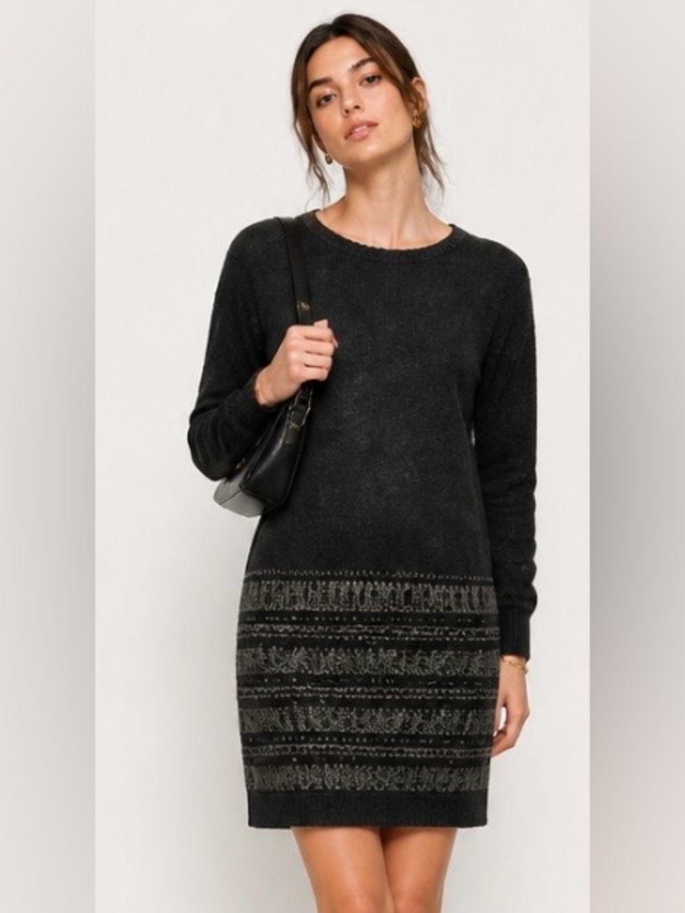 FLYING TOMATO Sweater Dress Knit Gray Ivory Shift Boho Lightweight Large